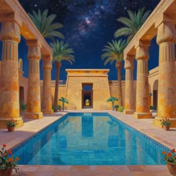 a beautiful cinematic view of a tiled pool surrounded by tall palm trees and egyptian architecture underneath a star and nebula filled night sky, underneath a star filled night sky, warm coloured, gigantic pillars and flowers, maschinen krieger, beeple, film, atmospheric perspective, abzu, oil on canvas