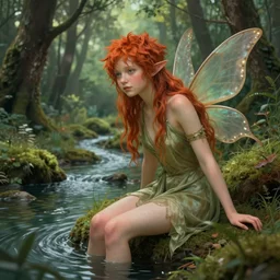 !!!!!Ed Sheeran!!!!! as a shy forest nymph. beautiful flowing auburn hair and slender feminine body. this nymph is so demure. She plays along the banks of an enchanted river in a cozy glade. I feel happy when I see this wonderful work of art. Highly detailed art.