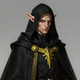 portrait of a mysterious and cunning male high elf inquisitorial agent wearing a black hooded agent's cloak with yellow religious filigree, by Raymond Swanland Greg Rutkowski Lise Deharm, pointed elf elf elf ears, intricate, masterpiece, sharp, digital art, ArtStation, CGStation, 8k