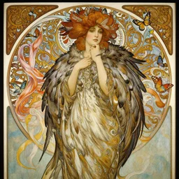 a beautifull intricate painting of a beatifull woman wearing a feathered cloak surrounded by ornate tendrils, butterflies, flying silk, vivid colors, hyper detailed, artstation, by jeremy mann, by alphonse mucha,