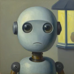 biomorphic robot with kind eyes portrait, lowbrow, pj crook, grant wood, edward hopper, oil on canvas