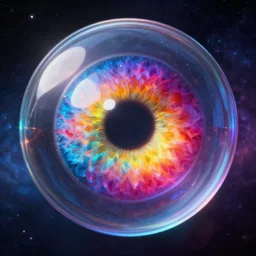 cosmic eye big colorful iris in glass sphere at the center of the universe, 4k , trending on artstation , 3d render , vivid color