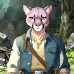 character portrait of a man with an albino mountain lion's head wearing miner's clothes at the mines. hidari, color page, tankoban, 4K, tone mapping, Akihiko Yoshida.