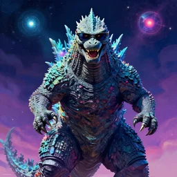 a portrait of godzilla with sunglasses in front of the camera by james jean, aya takano color style, 8 k, super detailed, night sky, digital art, digital painting, celestial, majestic, colorful, front