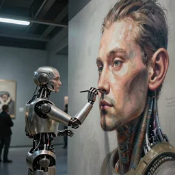 a stunning ultra detailed fantasy fine art photo of a robot artist drawing on human face a wall, by tom bagshaw, wlop and artgerm, robot from ex machina movie, wide angle, golden ratio composition, deep depth of field, cyberpunk, soft lighting, artstation, 8 k