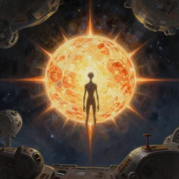 A matted painting of humanoid Aliens of the Sun on a spaceship environment with expansive views of space, inspired by greg rutkowski and Keith Mallett and felix kelly, digital art, insanely detailed extremely moody lighting, glowing light and shadow, atmospheric, shadowy, cinematic