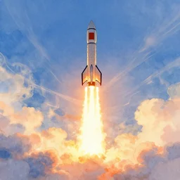 rocket launching into the sky, sunrise, rocketship, wispy clouds, pixiv, watercolor painting
