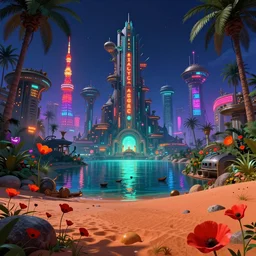 nature by frederic edwin church, vice city dieselpunk atlantis uv light steampunk lake tokyo junglepunk landscape hyperrealism fantasy thermal vision azeroth magic realism lightpaint nightsky neon signs poppy at dusk futuristic desert, archdaily, wallpaper, highly detailed, trending on artstation.