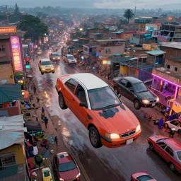 3 d vfx - caricature - art of levitating cars over a bustling - neon lit - wet ajegunle slum in nigeria, cinestill 8 0 0 t photograph, unreal engine render, digital illustration, illustration style by mike winkelmann, sharp, intricate detail, volumetric light, ray tracing, soft light, colourful, surreal environment, drone view, fish eye lens,