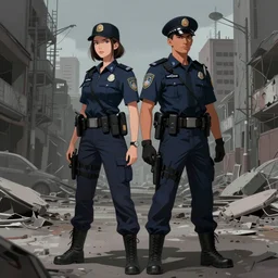 detailed ultra - realistic graphic novel illustration of couple police girl cops, desolated city district, by famous digital artists, cinematic, full shot