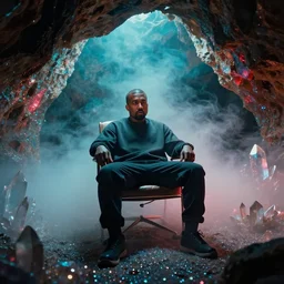 of kanye west as a man on chair, cave with crystals, glitter, volumetric light, foggy, smokey, moody, kodak photography, cyan and red magical light. w 6 0 0