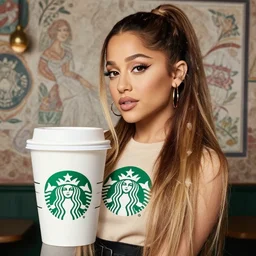 ariana grande as a grande cup of coffee, culinary photography, starbucks, product concept art, fresco, fine portrait