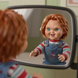 a tiny screaming chucky doll chasing you in rear view mirror
