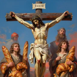 jesus crucified by the french with baguettes and croissants, fantasy, high detail, elegant, digital painting, cinematic lighting, vibrant, intricate, textured skin, highly detailed, artstation, sharp, focus, hdr, unreal engine 5, breathtaking, illustration, anna dittmann, ilya kuvshinov, nikolay makovsky