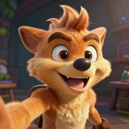 Crash Bandicoot taking a selfie, close up, hyperrealistic