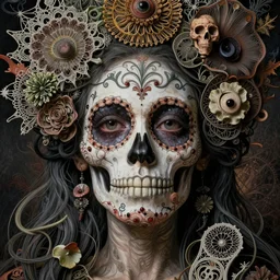 detailed realistic beautiful calaveras death goddess face portrait by jean delville, gustave dore, iris van herpen and marco mazzoni, art forms of nature by ernst haeckel, art nouveau, symbolist, visionary, gothic, neo - gothic, pre - raphaelite, fractal lace, intricate alien botanical biodiversity, surreality, hyperdetailed ultrasharp