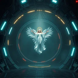 just only one lonely cyberpunk round portal to the fantasy paradise!! bad omens, deathcore style of bonestell, chesley and casson, a. j. dramatic lighting. the ceiling is hung with chaotic cables, a grace goddess floating in white and gold in the center. cinematic. 8 k, houdini render, octane render. ultra clear detailed.