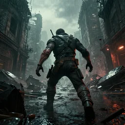 First Person Point view of Resident Evil Village monster attacking me in the wreckage city in the rain,by Tim Hildebrandt ,James Paick,Ted Nasmith, peter gric,Hugh Ferriss,trending on artstation,8k,Blade Runner 2049,ultra realistic,high detail,golden ratio,cinematic lighting,maximalist