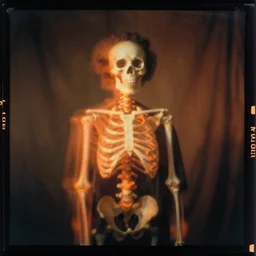 kodak portra 4 0 0, wetplate, motion blur, portrait photo of a backdrop, skelleton, 1 9 1 0 s, coloured in orange fire, sparkling, by britt marling, muted colours