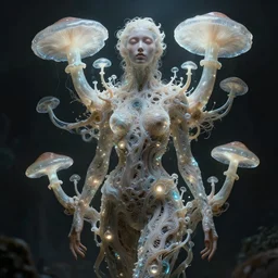 an analog organic theriomorphic holobiont in the shape of a woman of, concept art, mycorrhiza, mushroom, translucidluminescence, intricate, kim jung gi, james jean, shaun tan, analog detail, cinematic, epic wide shot, ultra detailed, sharp focus, smooth, physically rendering, photorealistic, 8 k