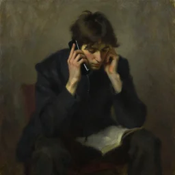 person anxiously waiting for a phone call, by eugene de blaas, low key oil painting, sigma 85/1.2 portrait