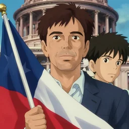 a film still portrait of heroic beto o'rourke holding the texas flag, finely detailed features, closeup at the faces, perfect art, at texas capitol building gapmoe yandere grimdark, trending on pixiv fanbox, painted by greg rutkowski makoto shinkai takashi takeuchi studio ghibli, akihiko yoshida