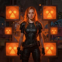 Elle Fanning in Fallout 3 and Prey surrounded by glowing orange radiation picture by Sachin Teng, asymmetrical, dark vibes, Realistic Painting , Organic painting, Matte Painting, geometric shapes, hard edges, graffiti, street art:2 by Sachin Teng:4