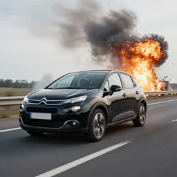 a black citroen c 3 driving on a highway, explosion in the background