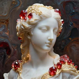 abstract highly detailed female sculpture portrait made of white marble and red crystals quartz, ethereal lights, fine details, artstation, film still, rim light, cinematic photoshooting, luxury, 8 k, intricate golden filigree, octane render, hypperrealistic painting, abstract liquid acrylic art by renoir