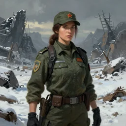A comic book style portrait painting of a female ranger in a a post apocalyptic winter landscape, unreal 5, DAZ, hyperrealistic, octane render, RPG portrait, ambient light, dynamic lighting