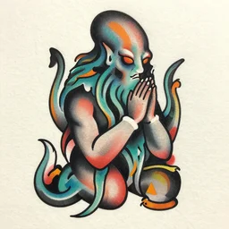 american traditional abstract tattoo art of cthulhu playing praying, sheet paper