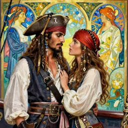 fully clothed handsome pirate couple on a pirate ship. love. eyes. talented art nouveau. mucha. hingres. colorful, bright, ornate detailed background