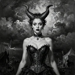 By Tom Bagshaw, ultra realist soft painting of curiosities carnival by night, very beautiful horn single female blinking gothic corset , symmetry accurate features, very intricate details, ominous sky, black and white, volumetric light clouds