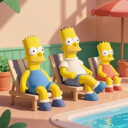 3D render of the Simpsons lounging near a pool