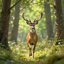 epic professional digital art of a bright forest with a deer galloping towards you.