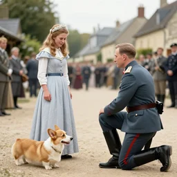ultra wide 1 9 4 6 blurry historical photo of a single german general kneeling before a young queen elizabeth in a french village, her brown and white corgis are next to her, highly detailed, sharp focus