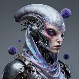 predator head portrait fused with the brundle fly and xenomorph skin, futuristic haute couture draped in silk, glowwave, iris van herpin, wearing space armor with bullets and electrical wires, alien puffballs, hyper detailed, ultra sharp, 8 k