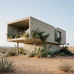 a brutalist architecture concrete house with overgrown plants. the house stands in a desert landscape. designed by alejandro aravena. 1 6 mm lens, looking from far