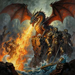 A dramatic painting of a ferocious dragon, perched atop the cliffs of doom spewing flame against the guardian golem of the eternal deep, in the style of noah-kh.