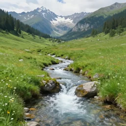 natural mountain gush, small river, creek, high mountains, green meadow, alps, digital painting, photorealism, hudson river school, realistic lighting, idyll