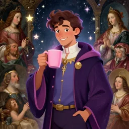 portrait of a ( ( ( grande y rosa una taza de cafe ) ) ), ( ( dotado futuristic guapo y joven mago latino alegre ) ), lleno de estrellas y magia, concept character, by filip hodas and mucha and botticelli and bob ross and bierstadt and remington, trending on artstation