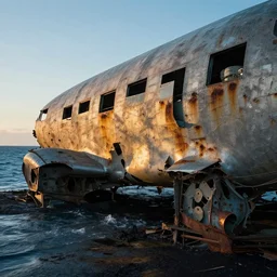 a rusty plane crashed in the bottom on the ocean, the scene is illuminated by the light coming from the interior of the plane, through the windows