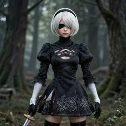 hyper realistic detailed render of a girl standing in a forest in the style of nier automata by yoko taro