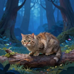 a soggy cat on a log in a magical blue forest, heavily stylized