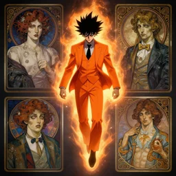 a mad guy with spike black hair, orange aura, orange suit, floating, painted artgerm and greg rutkowski and alphonse mucha, trending on artstation