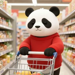 anthropomorphic female panda wearing a red sweater, at the grocery store pushing her cart, digital art, trending in ArtStation