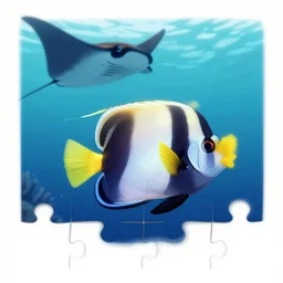angel fish swimming in the ocean with a manta ray, a jigsaw puzzle by paul emmert, shutterstock contest winner, rayonism, national geographic photo, bioluminescence, fisheye lens