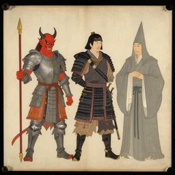 side by side stand a demon a knight a samurai and a wizard, scroll painting, 2 - dimensional, papyrus