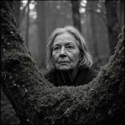 a movie still by tarkovsky close - up of an elder woman in a heavy burning forest mossy by night, cinestill 8 0 0 t 3 5 mm b & w, heavy grain, high quality, noir, natural textures, photorealistic, ambient occlusion, hd, fog, criterion collection