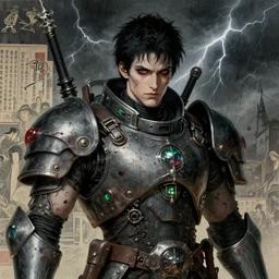 portrait of gothic and futuristic young man, warhammer, cyber armor, a lot of scars, thunderstorm, black head, red eyes, some green, the middle ages, highly detailed, artstation, in the style of moebius, jugendstil and classic japanese print, art by jean delville